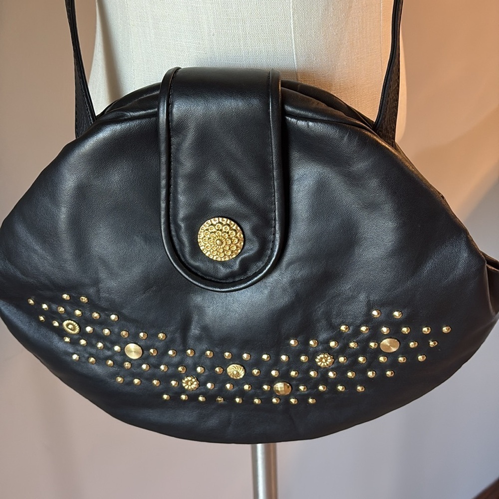 VINTAGE Genuine Leather Black Studded Crossbody clutch Bag snap closure
